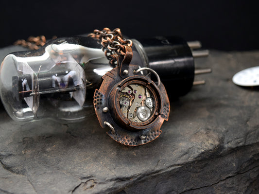 Time Machine Copper Steampunk Necklace with Sterling Silver Details