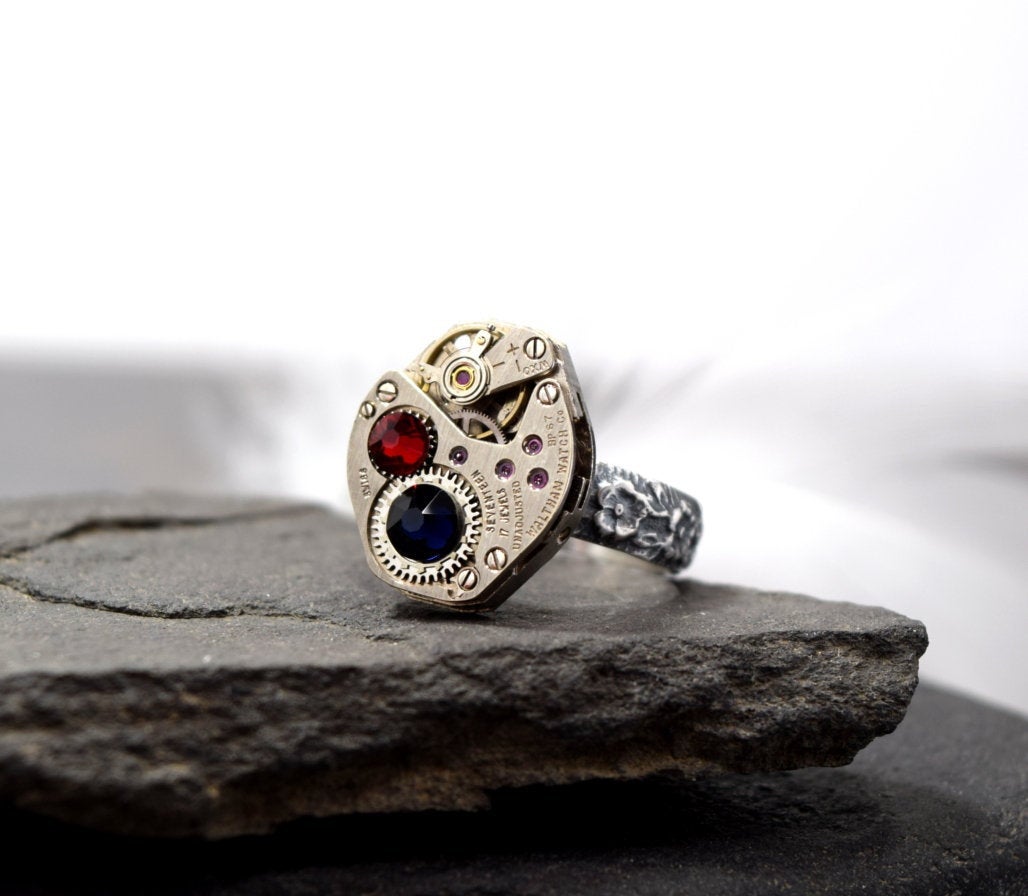 Custom Order Steampunk Ring in Sterling Silver | Choose Your Crystal Colors & Size