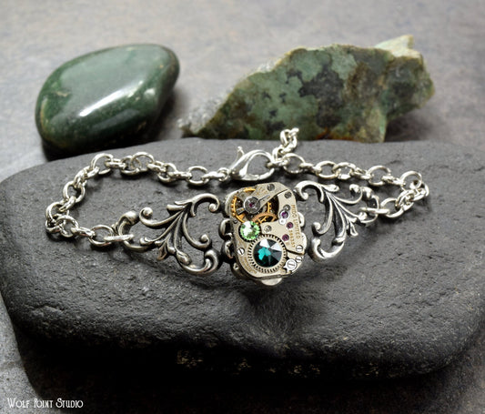Birthstone Steampunk Bracelet, Personalized Silver Steampunk Watch Bracelet | Choose Your Colors | Steampunk Wedding, Steampunk Jewelry Gift