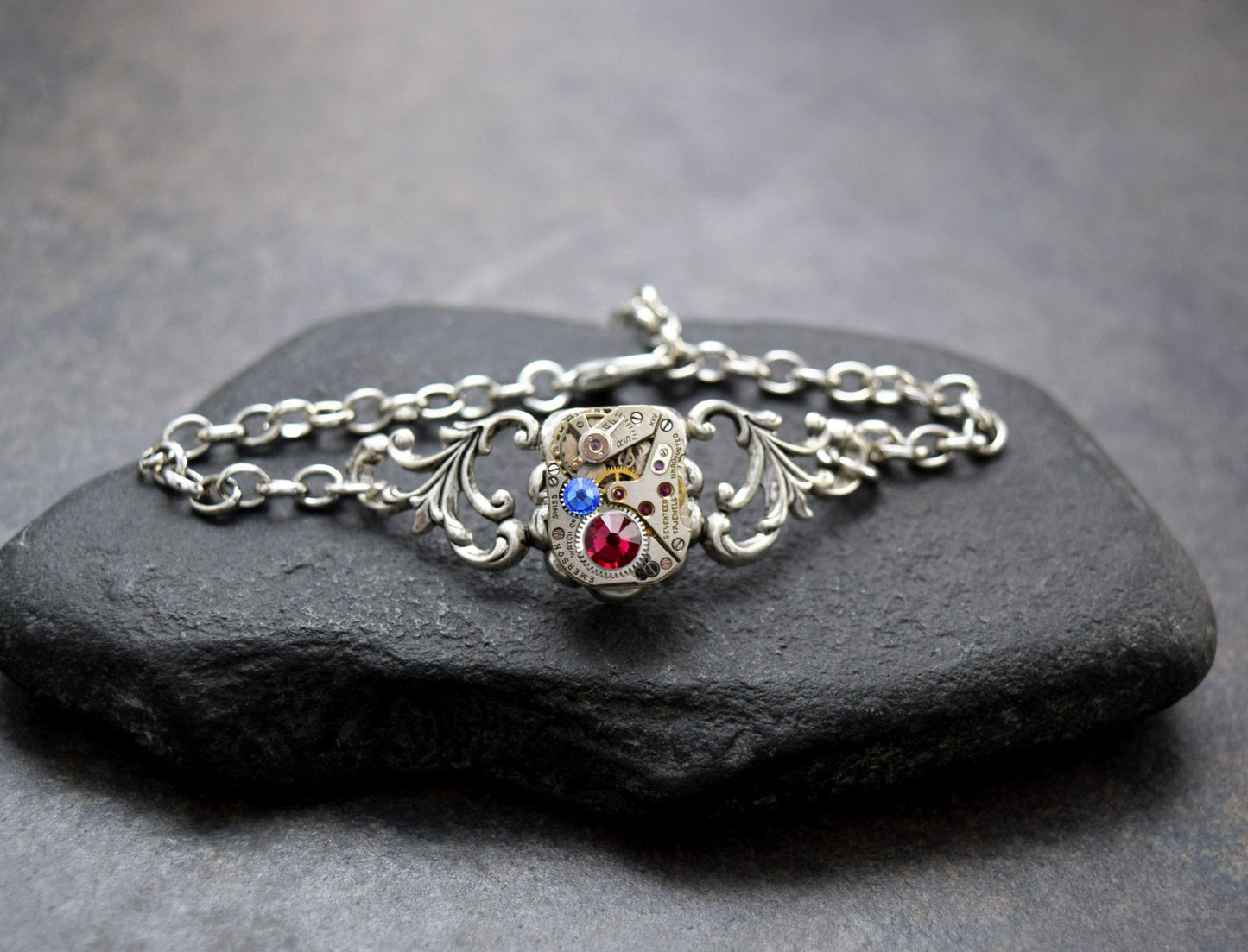 Birthstone Steampunk Bracelet, Personalized Silver Steampunk Watch Bracelet | Choose Your Colors | Steampunk Wedding, Steampunk Jewelry Gift