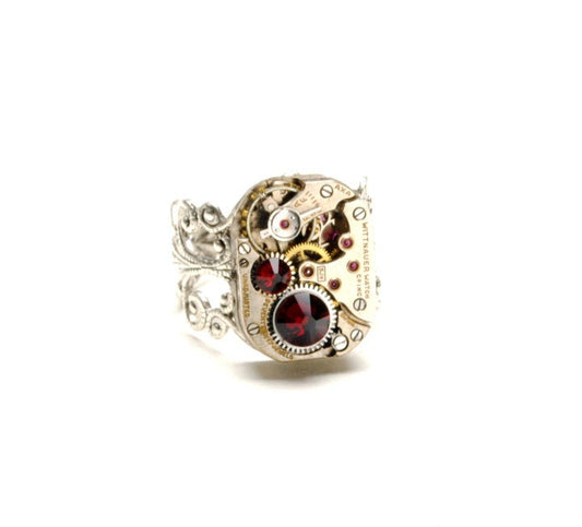 Steampunk Ring Jewelry In Antique Silver | Choose Your Custom Crystal Colors
