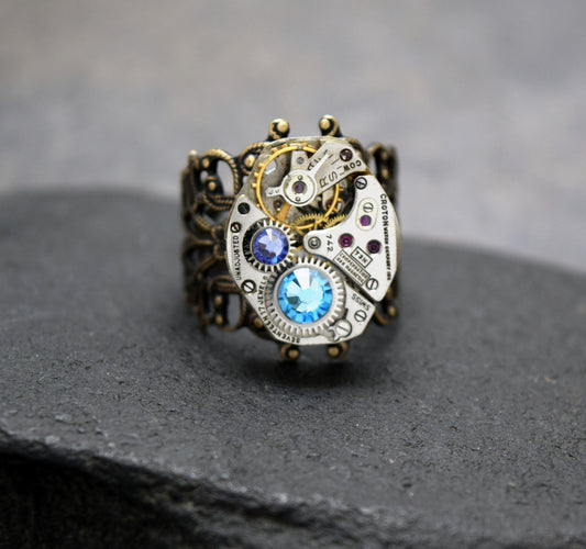 Vintage Style Personalized Steampunk Ring in Antique Brass, Choose Your Custom Crystal Colors, Steampunk Watch Ring Jewelry For Him or Her