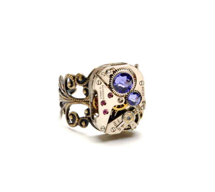 Steampunk Ring Jewelry In Antique Brass | Choose Your Custom Crystal Colors