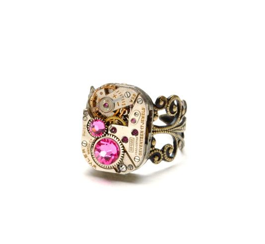 Steampunk Ring Jewelry In Antique Brass | Choose Your Custom Crystal Colors